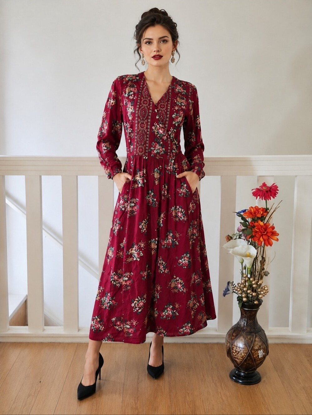 April Cornell Burgundy Floral Paisley Boho Dress | V-Neck Tie Waist Pockets